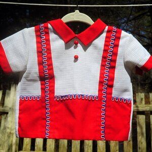 VTG Toddler Red & White Poly Stripe Shirt 12-18M Bowling Shirt Look w/ Pockets